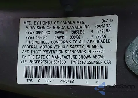 2012 Honda Civic Lx from USA, damaged, VIN 2HGFB2F51CH564860